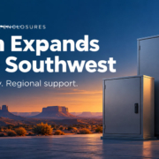 Illustrated electrical enclosure cabinets against a Southwest desert landscape, announcing Austin’s regional expansion.