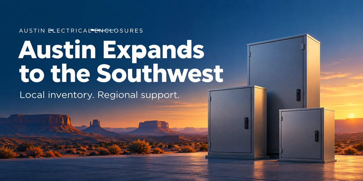 Illustrated electrical enclosure cabinets against a Southwest desert landscape, announcing Austin’s regional expansion.