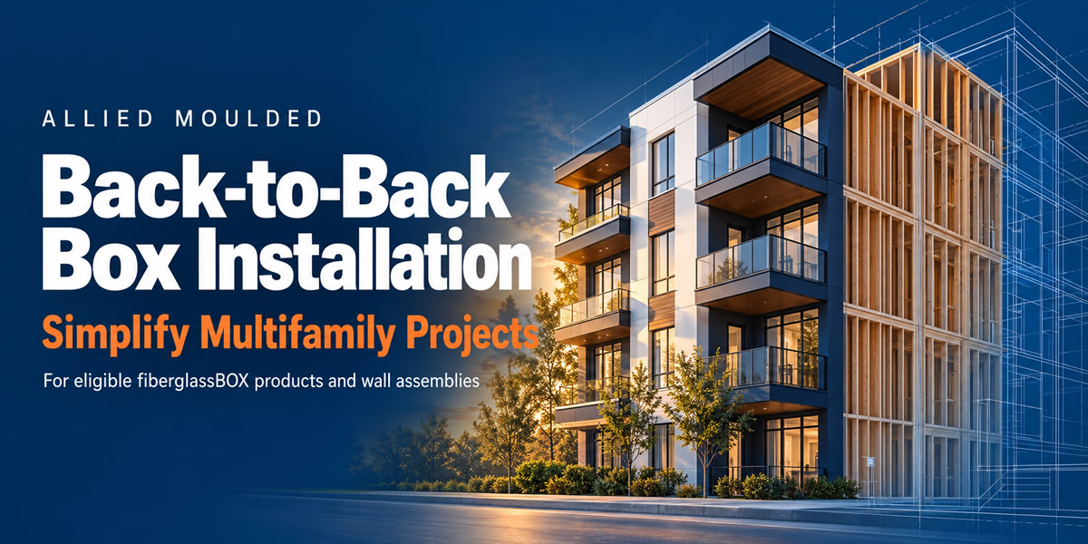 Allied Moulded back-to-back box installation graphic with an illustrated multifamily building and exposed wall framing.