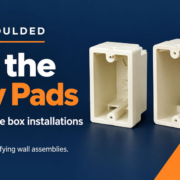 Illustrated Allied Moulded fiberglass electrical boxes with the headline “Skip the Putty Pads” and a qualifier for eligible installations.