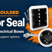 Illustrated Vapor Seal wall and fixture-support boxes with white sealing flanges on a navy and orange background.