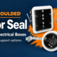 Illustrated Vapor Seal wall and fixture-support boxes with white sealing flanges on a navy and orange background.